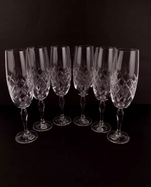 Vintage Bohemia Crystal Champagne Flutes Long Stem Cut Glass Set Of 6 VGC