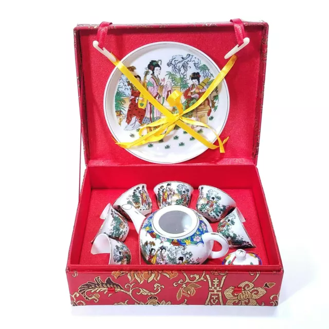 Beautiful Women Playing Music 9 Pcs Miniature Tea Set Brocade Red Box 美女奏樂 茶具套裝