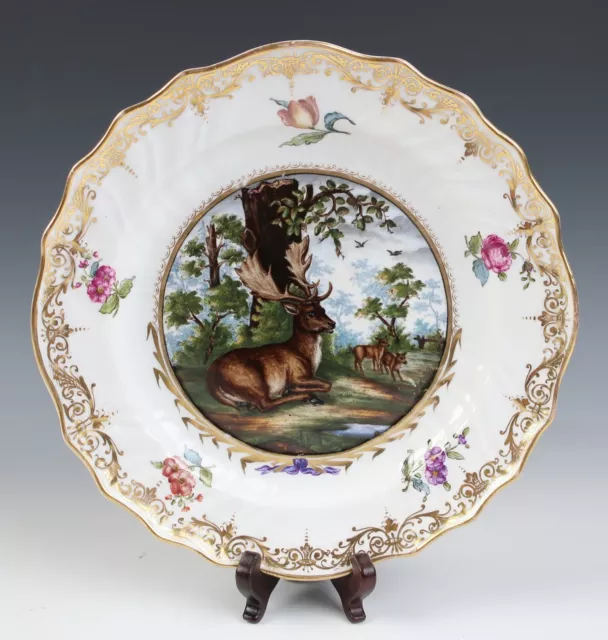 19thC Carl Thieme Dresden Porcelain Cabinet Plate Stag Dogs Flowers Gold Antique