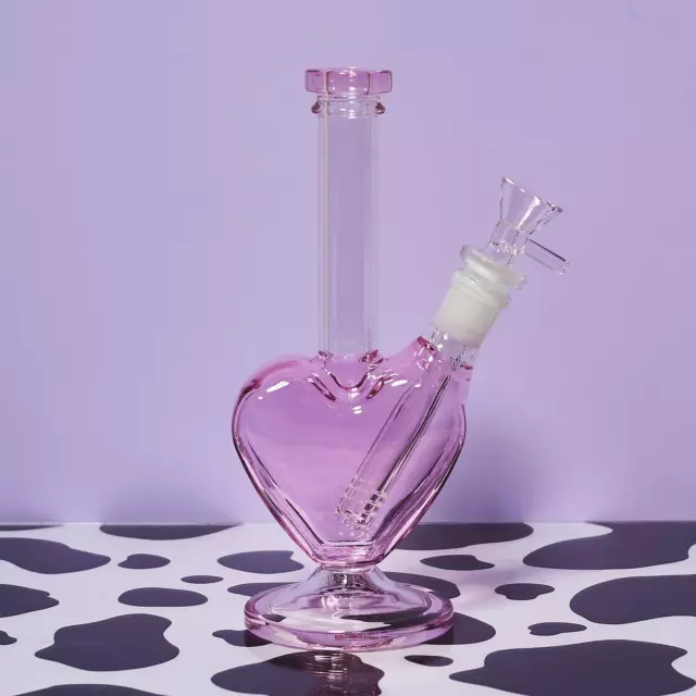 9" Pink Heart Shaped Hookah Heavy Glass Water Pipe Smoking Bubbler Hand Pipes