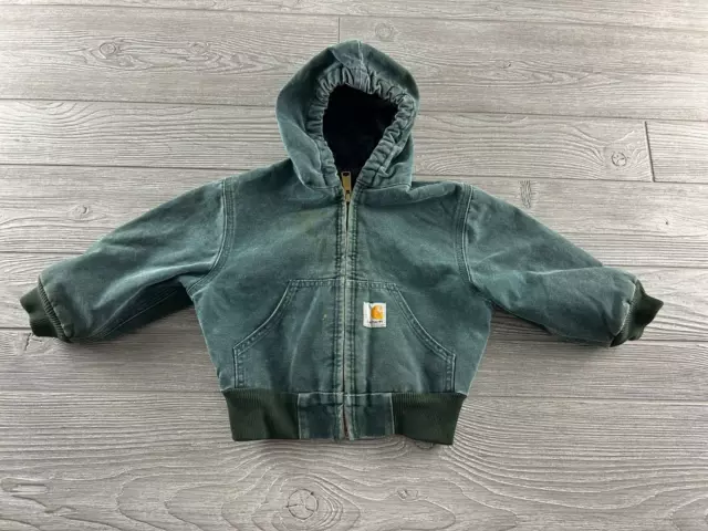 Vtg 90s Carhartt Hunter Green Hooded Jacket Y30 HTG Youth 3T Duck Quilt Line