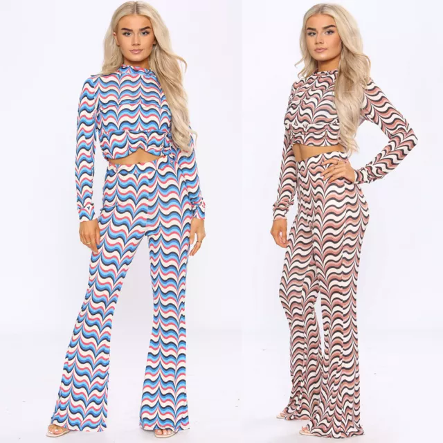 Women 2 Piece Pleated High Neck Crop Top Flare Trousers Pants Casual Party  Set