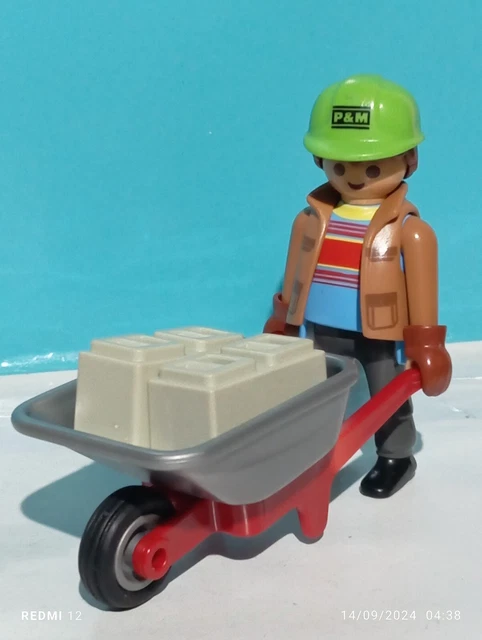 PLAYMOBIL FIGURINE D'OUVRIER du bâtiment avec chariot et outils