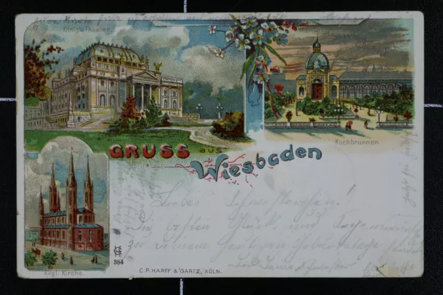 Gruß aus Litho Wiesbaden 1900 gelauf. Theater Kirche Kochbrunnen Harff &Gartz