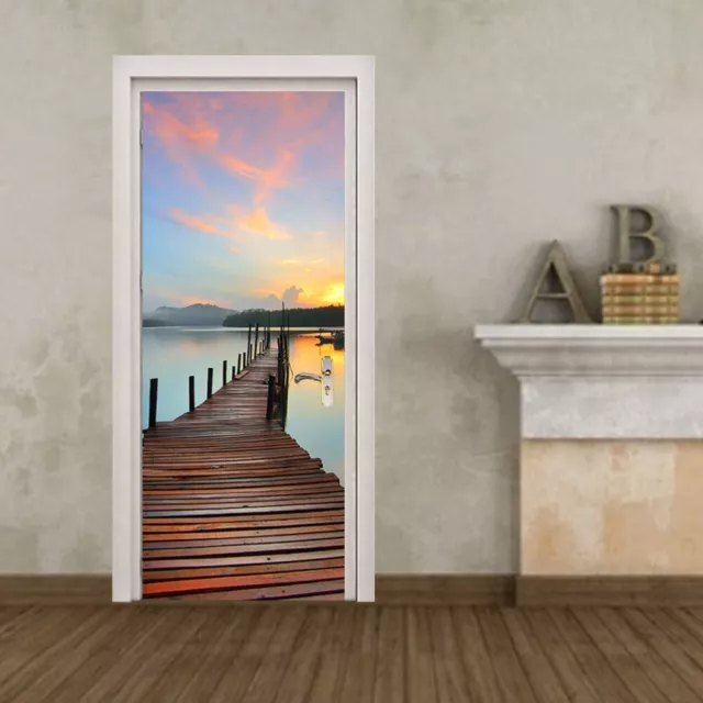 2pcs Sea Sunset Pier Door Stickers Self-adhesive Decoration Decals DIY Door