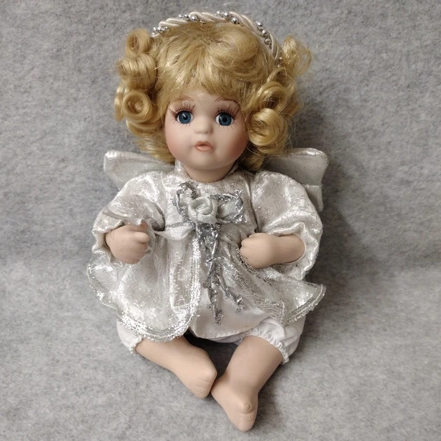 8" Porcelain Doll Jointed Angel Blonde Baby Silver Dress, Wings Halo McField Int