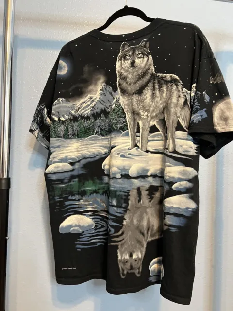 Vintage 90s Liquid Blue Wolf T-Shirt All Over Print - Size XL, free shipping!