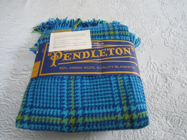 Vintage PENDLETON Blue Green Houndstooth Fringe Wool Z223 BLANKET THROW 60 x 76