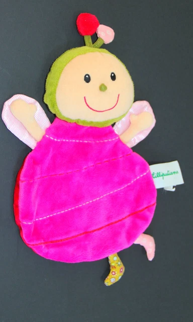 Doudou Plat Papillon Vert Rose Fleur ..Lilliputiens  Etat  Neuf