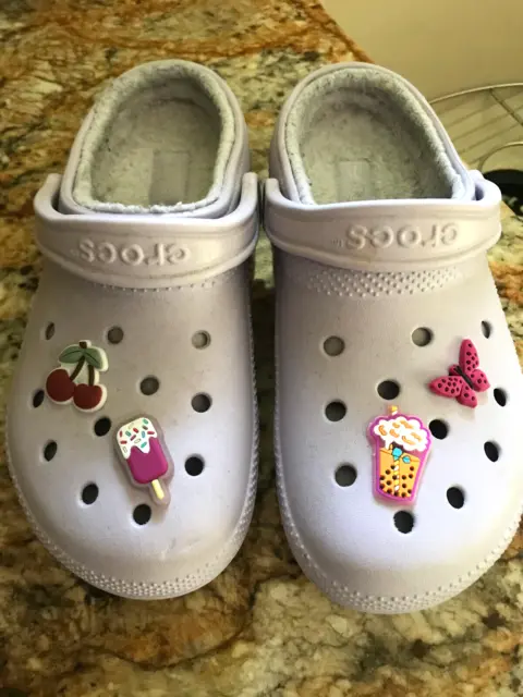 CROCS Lined Purple Shoes Cherries Ice Cream Butterfly Buttons Women's 9
