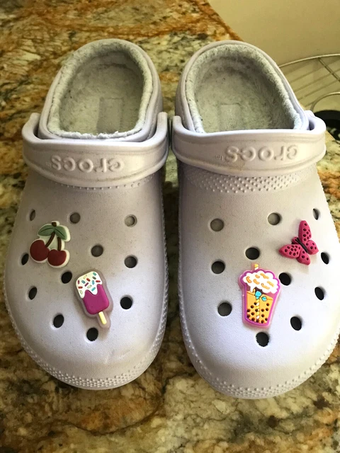 CROCS Lined Purple Shoes Cherries Ice Cream Butterfly Buttons Women's 9 CROCS Lined Purple Shoes Cherries Ice Cream Butterfly Buttons Women's 9