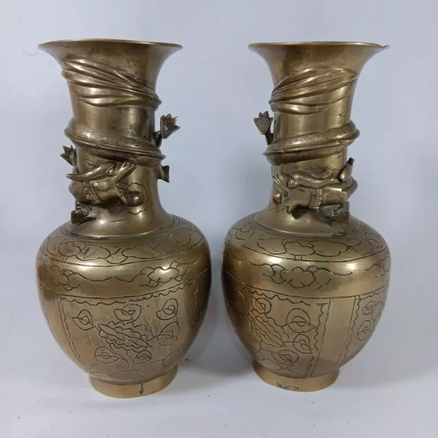 Pair of Antique Chinese Brass Vases - Dragon Chasing the Pearl. Victorian?