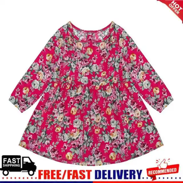 4-5T Summer Girl Long Sleeve Floral Print Dresses Casual Clothes(Rose Red)