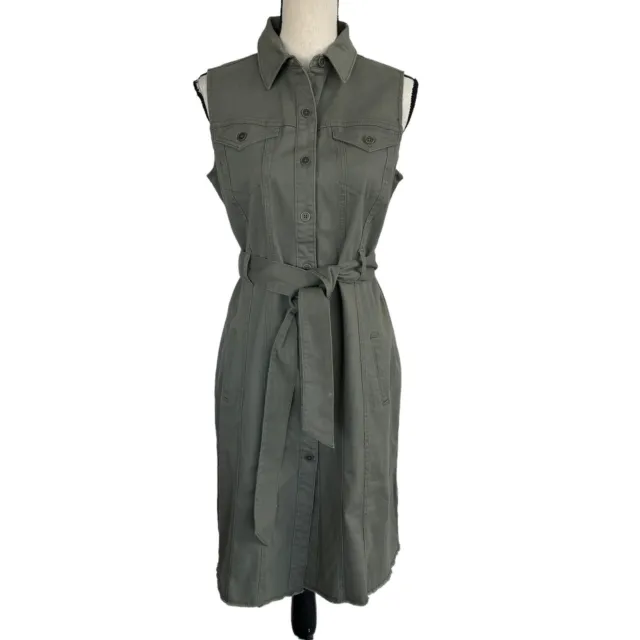 Style & Co Small Denim Button-Up Dress Pockets Sleeveless Stretch Belted Green