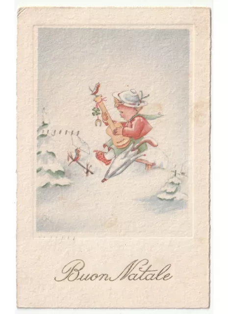 1942 CK neve bambino musica chitarra pettirossi cartolina d'epoca Buon Natale