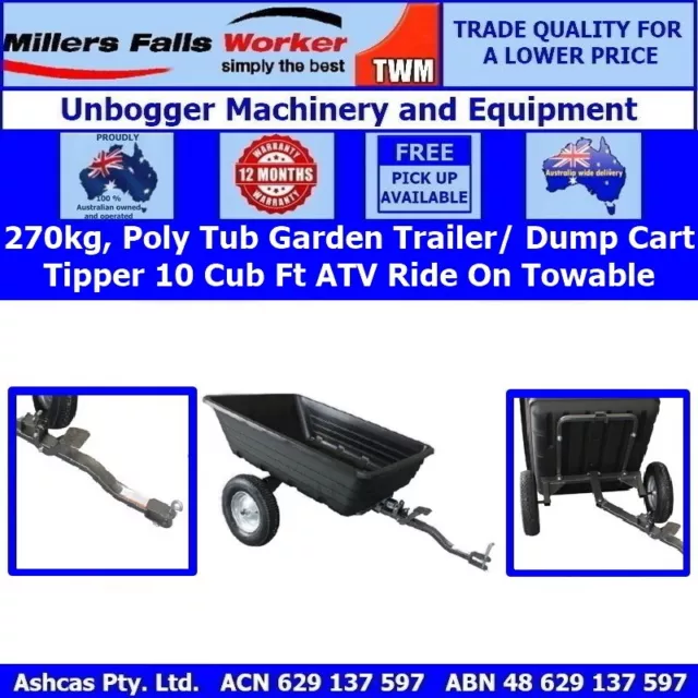 Millers Falls TWM Poly Dump Cart, ATV Or Mower Garden Tipper Trailer 270KG 10Ft3