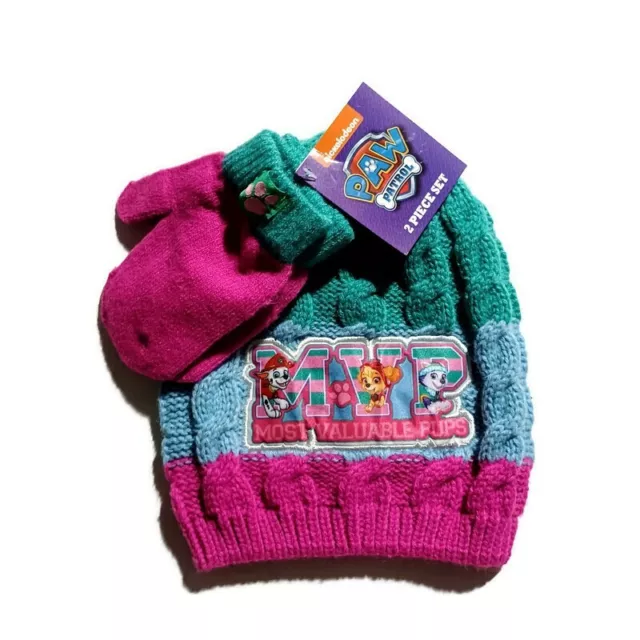 Paw Patrol Toboggan/Mittens Set NEW OSFM Multi-Colored Cable Knit MVP Patch Logo