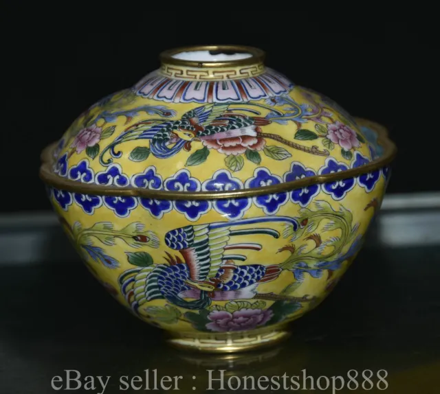 4.8"Ancient China Cloisonne enamel Bronze Dynasty Phoenix Bird Pattern Lids Bowl