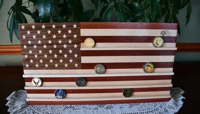 New Challenge Coin Display Rack All Hard Wood American Flag Sign ~ Military Coin