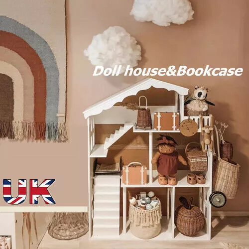 Large Dollhouse Toy Kids White Wooden Bookshelf Bookcase Storage Shelf Xmas Gift