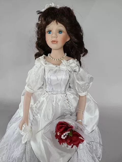 #482*-Porcelain Victorian Style Doll 16" Tall ♡ Brown Hair Blue Eyes Bride 2