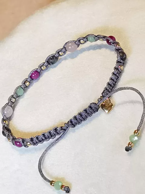 Boho Armband Makramee Grau & Gold Herz vergoldet Halbedelsteine Schiebeverschluß