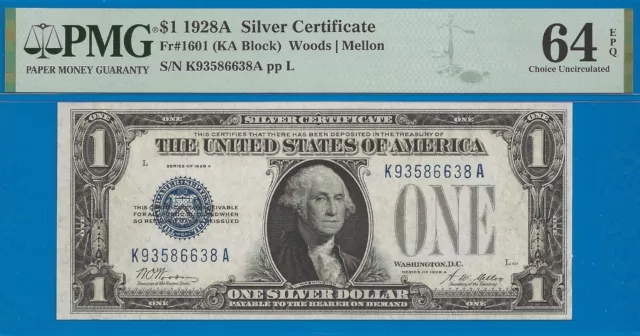 1928A $1 Silver Certificate PMG 64EPQ popular wanted funny back KA block Fr 1601