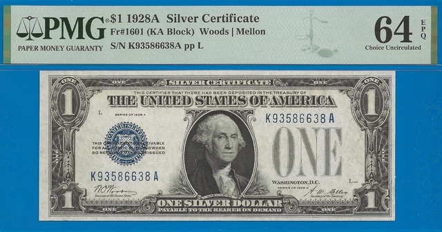 FR-1601 ✅ 1928-A $1 S/C (( Blue Seal 🔴 KA Block )) PMG 64EPQ # K93586638A