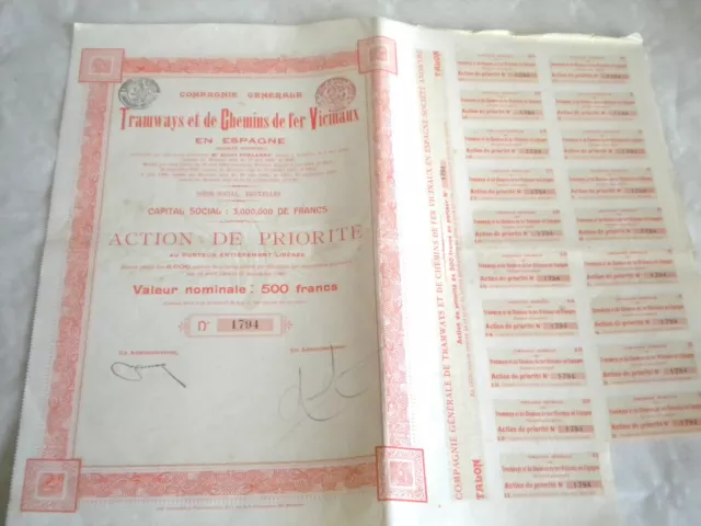 Vintage share certificate Stocks Bonds Tramways et de Chemins de fer Vicinaux 06