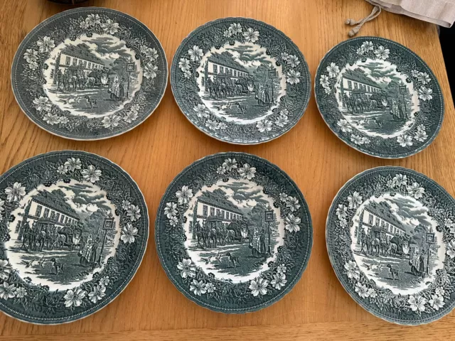 Royal Tudor Ware 'Coaching Taverns 1828' Blue & White 6 Dinner Plates 10’’