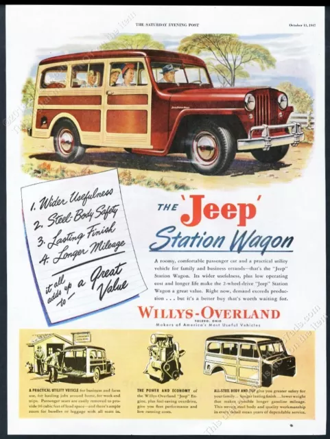 1948 Willys Jeep station wagon happy family color art vintage print ad