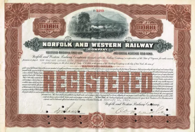 USA NORFOLK & WESTERN RAILWAY RAILWAY BOND stock certificate $10,000