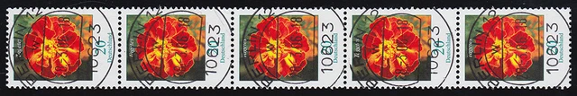 2471 Tagetes als 5er-Streifen mit VS-O BERLIN 28.3.06 mit Nummer 195