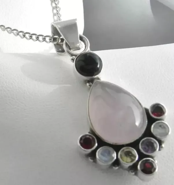 ✨RAINBOW✨ 19g sterling silver 925 rose quartz multi gem LONG pendant necklace