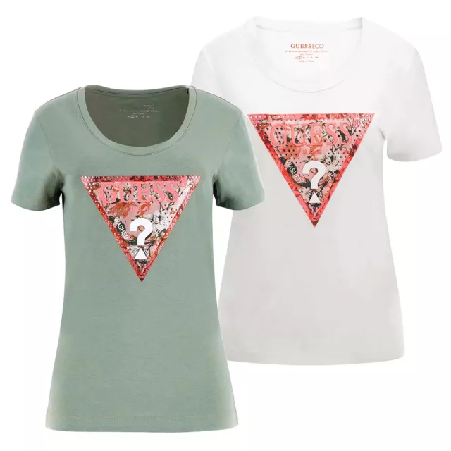 Guess T-Shirt Maglia Maglietta Donna Logo Fiori Frontale F Strass W4Gi21J1314