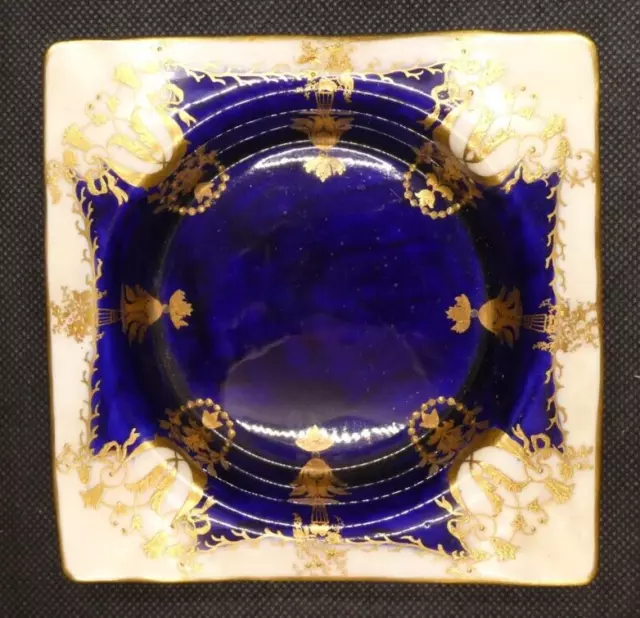 Antique Doulton Burslem Small Square Dish in Cobalt Blue, Gold and Cream - 11cm