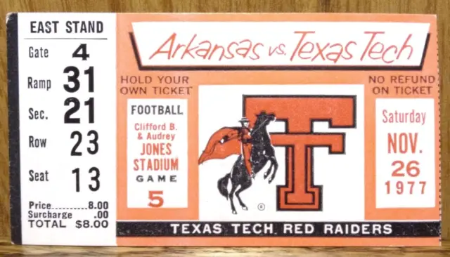 Texas Tech Red Raiders Football vs. Arkansas Razorbacks 11-26-1977 Ticket Stub