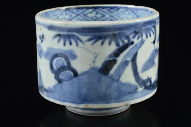 H7758: Japanese Old Imari-ware Blue&White Landscape Bird SOBA CUP Sobachoko