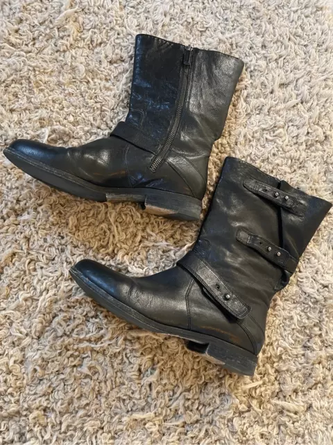 Eileen fisher black leather moto mid calf boots size 6.5