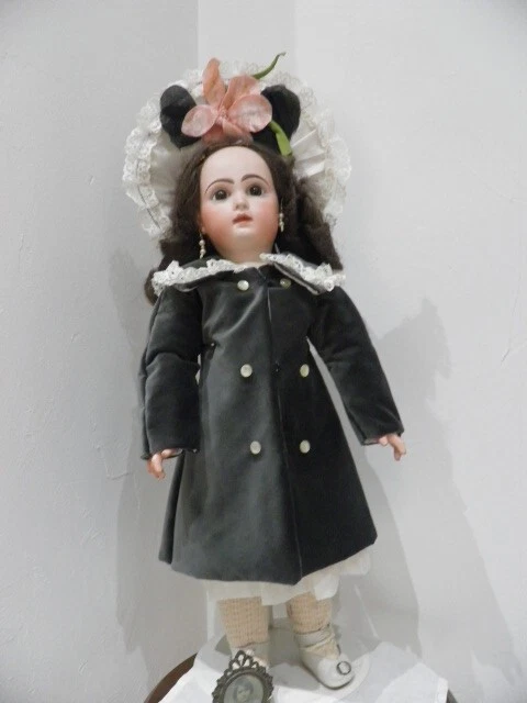 Superbe Ensemble 3 Pieces Velours Gris Et Soie Creme Style 1880 Poupee 50/52 Cm 8