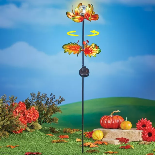 Solar Powered Crackled Glass Ball Autumn Leaves Wind Spinner Garden Stake