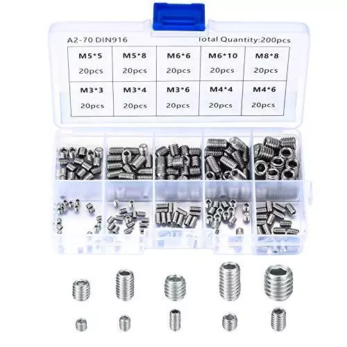 HaoChen 200 Pièces Vis Sans Tête en Acier Inox M3 M4 M5 M6 M8 Vis à Métaux As...