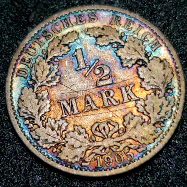 Deutsches Reich 1905-A *Beautifully Toned* 1/2 (Half) Mark ***90% Silver Coin***