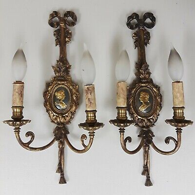 Antique French Empire Sconce Pair Figural Brass & Bronze w Bow European Lighting