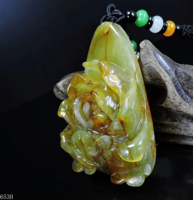 100% NATURAL HAND-CARVED Jade Pendant Jadeite Necklace peony flower ...
