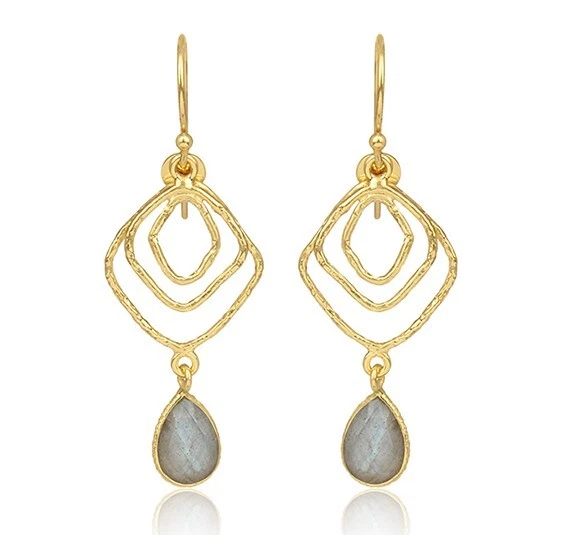 Brass Spiral Gemstone Earring Yellow Gold Plated Pear Labradorite Dangle Earring