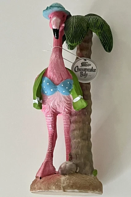 PINK FLAMINGO WEARING BIKINI w/ Beach Towel & Palm Tree Figurine -Chesapeake Bay