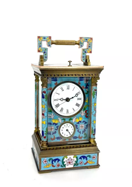 French Style Floral Turquoise Enamel Brass Case 8 Day Repeater Carriage Clock