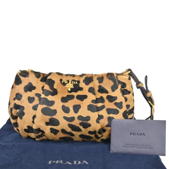 PRADA Logo Leopard Clutch Hand Bag Pouch Fur Leather Brown Made in Italy 64EA425