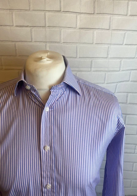 Camicia rosa Thomas a righe blu 15"" - 33,5"" vestibilità regolare polsino con bottoni